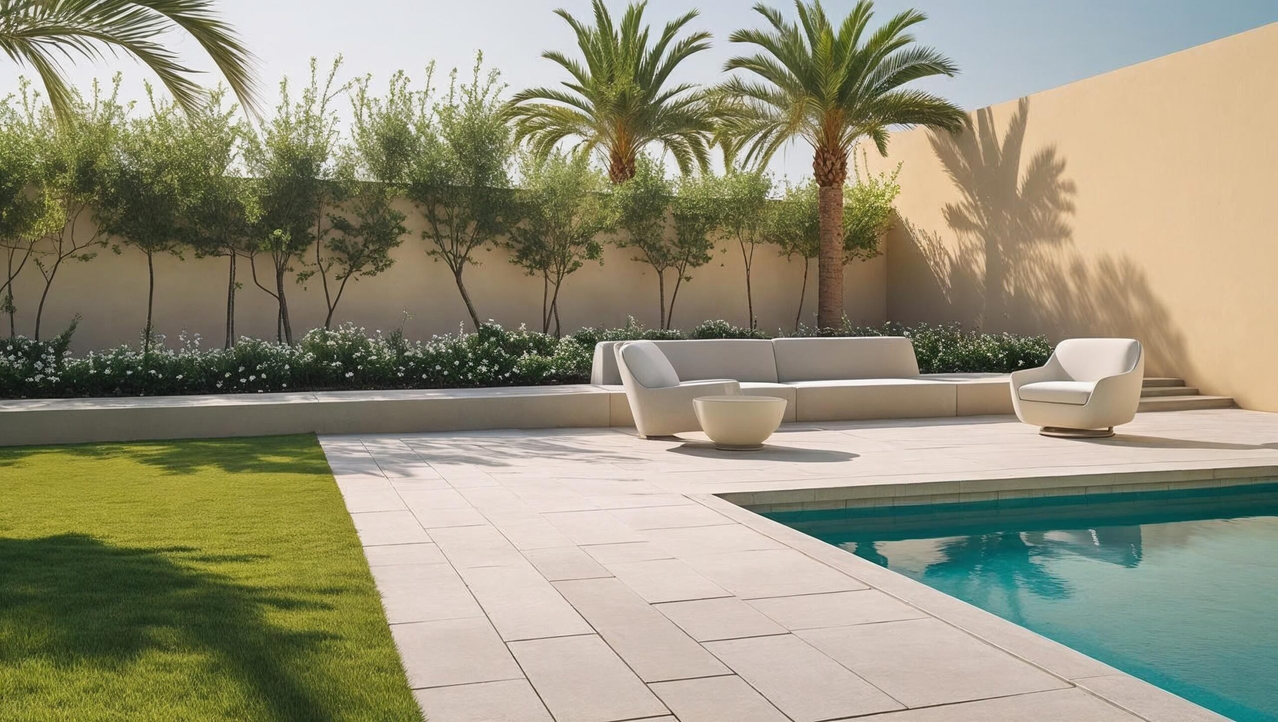landscaped garden with seating and pool