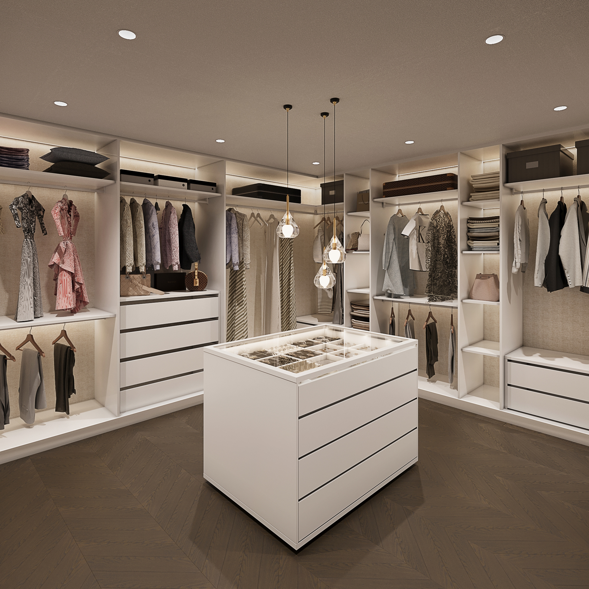 large walk in wardrobe with ample shelving