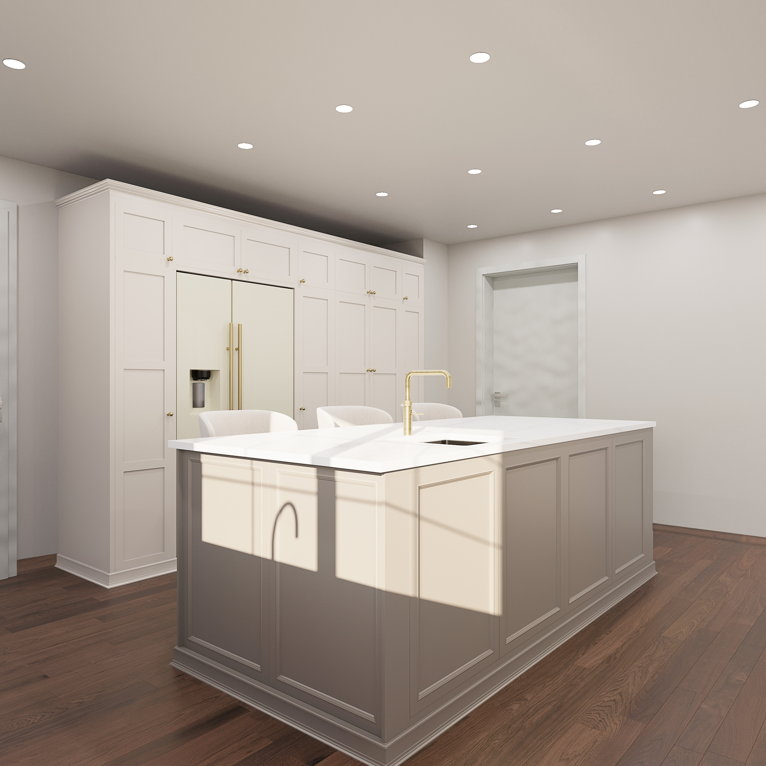 kitchen with cream kitchen island and dark wood floor