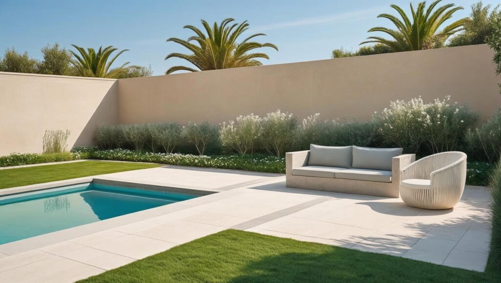 Concept render of the Meadows villa garden with pool and lounge seating